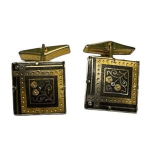 Vintage Damascene Art Deco Floral Cuff Links Black Gold Tone Metal Retro